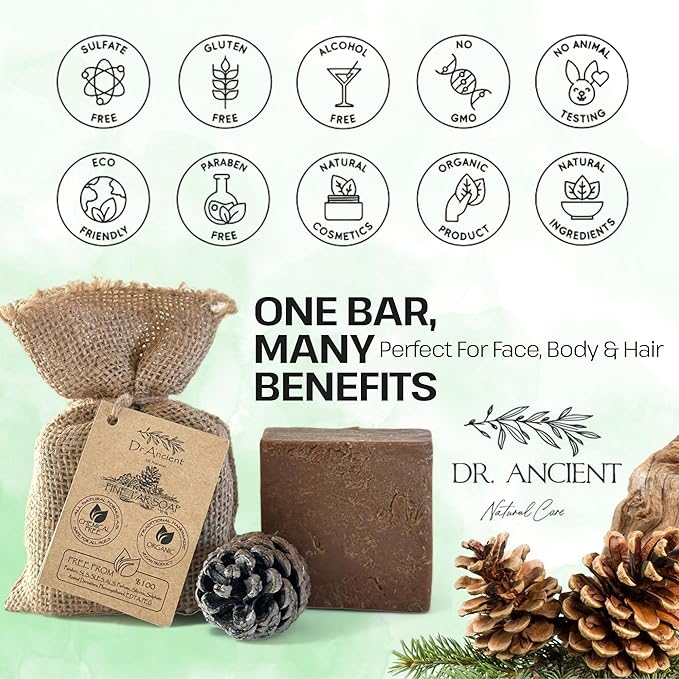 Dr.Ancient Pine Tar Black Soap Bar, Organic Soap Bars Handcrafted the Traditional Way, Natural Chemical-Free, Vegan, Used for Face and Body, Deep Cleansing, and Nourishing Daily Skin
