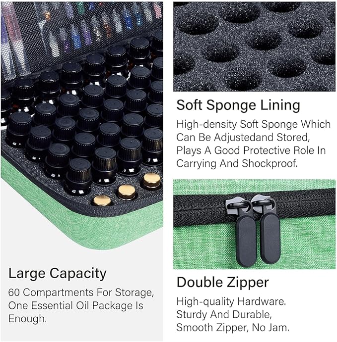 Essential Oils Carrying Case Holds 60 Grids for 1-3ML Roller Bottles 5ml, 10ml, 15ml Bottles Storage Organizer Bag Hard Shell EVA, Essential Oil Bag with Detachable Sponge Pad Green