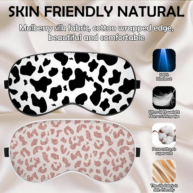 2 PCS Sleep Eye Mask Silk Sleeping Soft with Elastic Strap Eye Sleep Shade Cover for Cute Aesthetic Unisex Women Girls for Airplane Travel Nap-Leopard