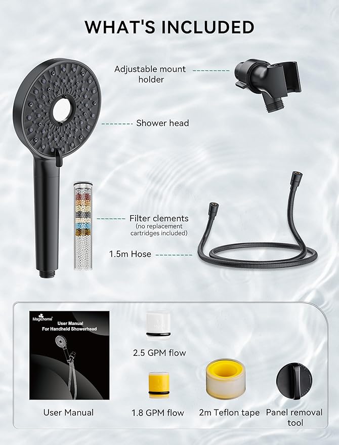 Magichome Shower Head with Handheld, High Pressure 10-Spd Detachable Chrome Showerhead with Stainless Hose,- Remove Chlorine, Black