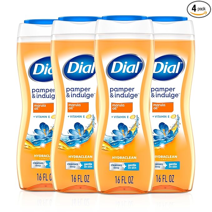 Dial Body Wash, Pamper & Indulge Marula Oil, 16 Fl Oz (Pack of 4), Hydraclean Complex & Vitamin E, Gentle, Leaves Skin Feeling Nourished, Dermatologist-Tested, No Parabens & Sulfates