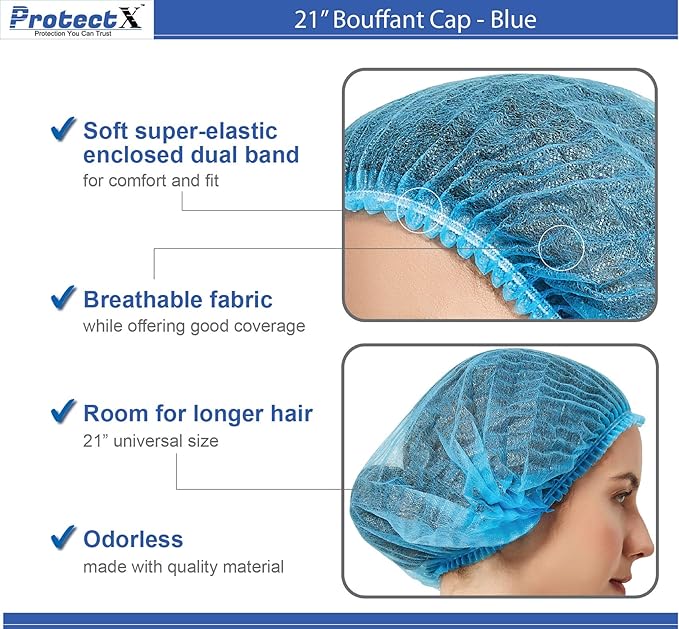 ProtectX 500-Pack Blue Disposable Hair Nets, Elastic Head Cover, Bouffant Caps, Sanitation Head Cover for Food Service, Spa Men & Women - 21 inch
