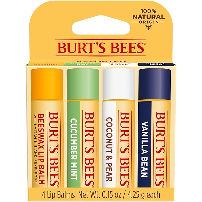 Burt's Bees 100% Natural Moisturizing Lip Balm, Multipack - Original Beeswax, Cucumber Mint, Coconut & Pear and Vanilla Bean with Beeswax & Fruit Extracts - 4 Tubes (Pack of 12)