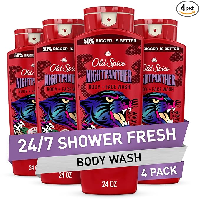 Old Spice Cleansing Body Wash for Men, 3X Defense, 24/7 Shower Fresh with Lasting Scent, 2-in-1 Body & Face Wash, NightPanther with Rich Warm Scent, 24 oz (Pack of 4)