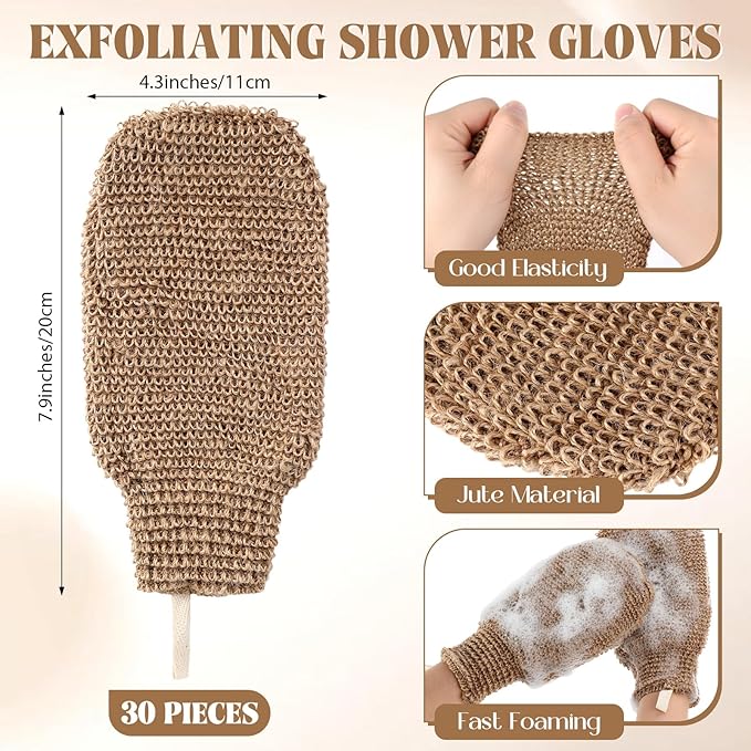 30 Pcs Exfoliating Shower Gloves Stretchable Jute Bath Mitts with Hanging Loop Body Scrubber Exfoliator Loofah Washcloth Deep Clean Dead Skin for Spa Massage Skin Shower Hotel Use(Brown)