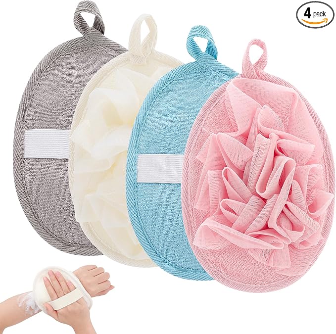 4 PCS Exfoliating Bath Sponges Soft Loofah Shower Scrubber with Elastic Hand Strap for Women Men Gentle Skin Cleansing Body Wash Towel Pouf Pink, Blue, White, Gray