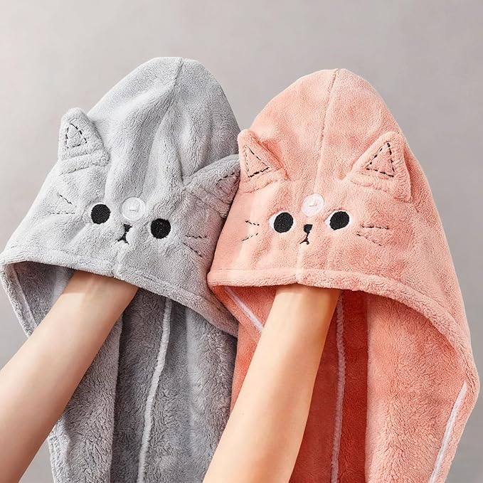 2Pack Microfiber Hair Towel Wrap for Kids, Cute Cat Absorbent Hair Drying Turbans Head Towels for Women Girls (Pink and Gray cat)
