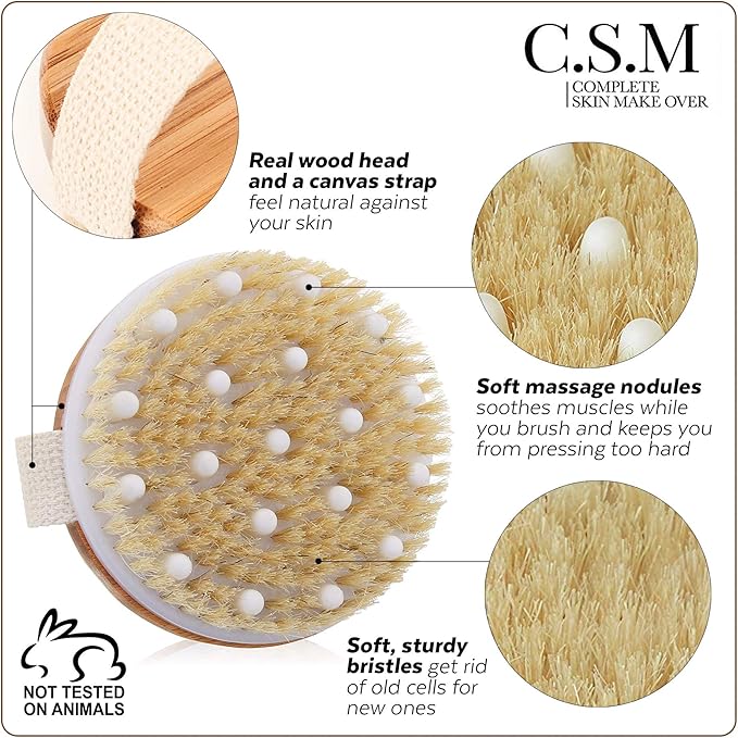CSM Dry Brushing Body Brush for Lymphatic Drainage - Natural Boar Bristle Exfoliating Brush Set with Face Brush for Cellulite, Circulation & Glowing Skin