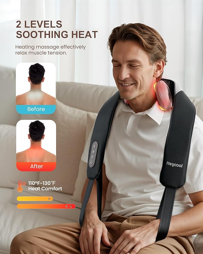 Heycool Cordless Neck Massager with Heat, Shiatsu Neck Shoulder Massager for Pain Relief Deep Tissue, 2 Heating Areas, 3 Modes Kneading Back Massager Presents/Gifts for Women, Men