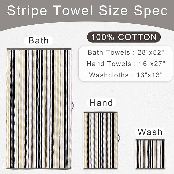 VOOVA & MOVAS 100% Cotton Ultra Soft Black Striped Washcloths (6 Pack, 13"x13") - Absorbent Quick Dry Lightweight Luxury Decorative Towels | Bathroom Set with Black + Gray Striped Design