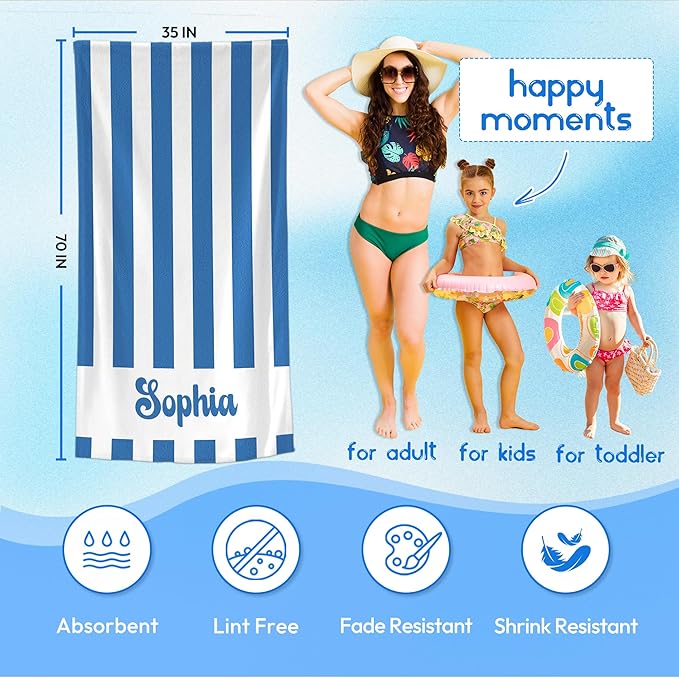 JML Personalized Beach Towel with Name, Custom Cabana Stripe Beach Towel, Customized Microfiber Pool Towel, Quick Dry & Absorbent Swim Towel for Adult,Mother's Day, Birthday, Summer Holiday,Vacation