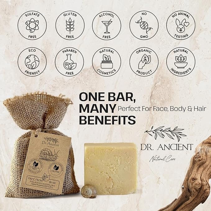 Dr.Ancient Snail Soap Bar, Organic Soap Bars Handcrafted the Traditional Way, Natural Chemical-Free, Vegan, Used for Face Wash, Body Wash, Hand Cleansing and Daily Skin Care, Gentle Cleanser