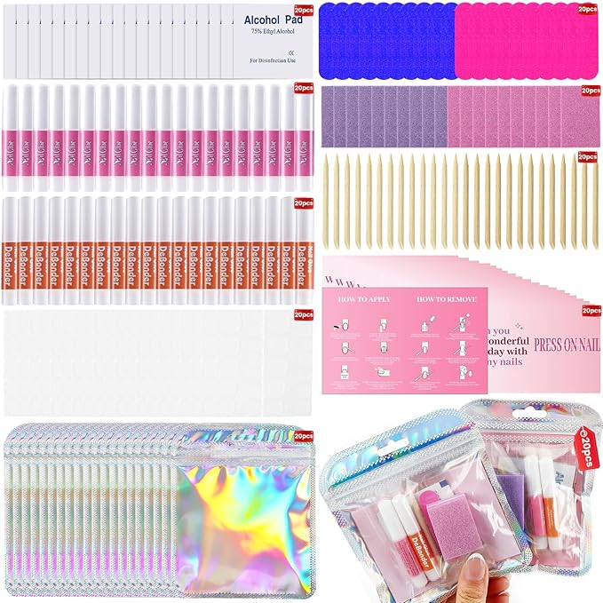 TADOPRO 20PCS Press On Nail Tool Kit, Disposable Nail Prep Kit for Salon Home Nail Business Supplies with Nail File, Nail Glue & Remover, Buffer, Instruction Card, Prep Pads, Tabs(20pcs Set)