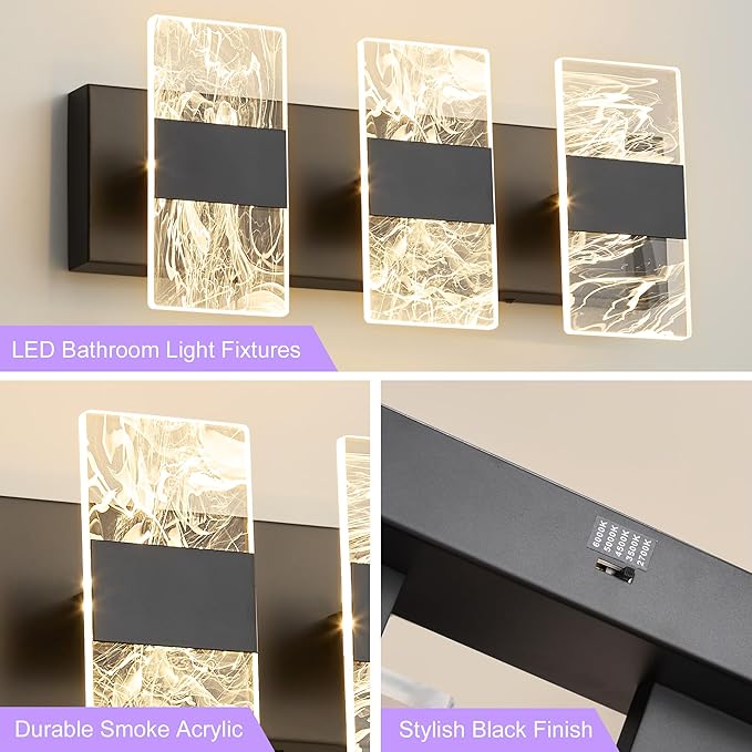 Modern LED Bathroom Light Fixtures Dimmable 3-Light Black Vanity Light, 5CCT Adjustable Lighting Fixture Vanity Lights Over Mirror, Smoked Acrylic LED Vanity Lights for Bathroom