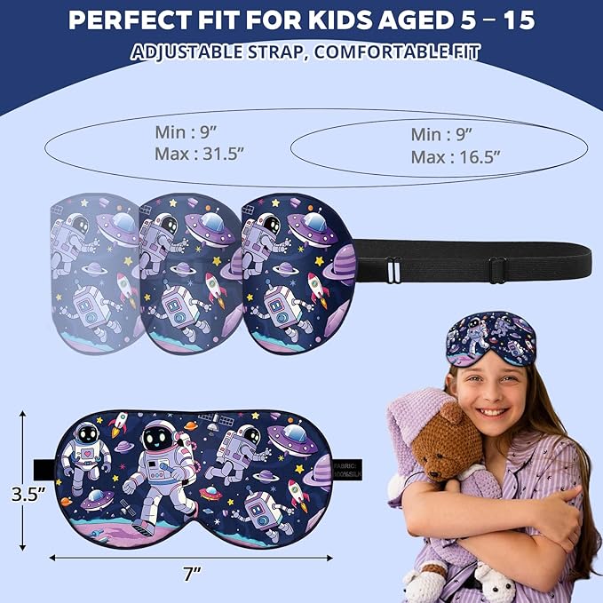 Kids Silk Sleep Mask: 100% Mulberry Silk Eye Mask with Adjustable Strap, Soft Blackout Boys Girls Sleeping Mask, Cute Printed Blindfold for Travel/School/Bed, Gift for Ages 5–15 (Alien Style)