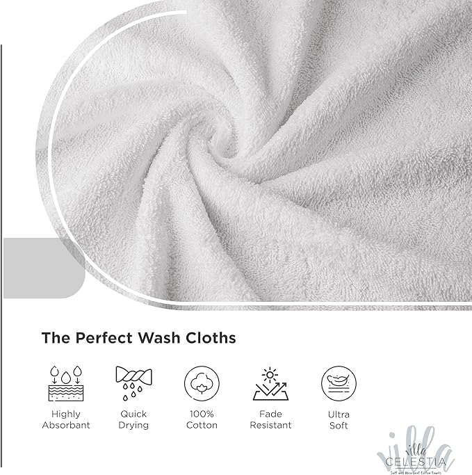 100% Cotton Wash Cloth for face & Body Set of 12, (12 x 12 inches) Sustainable, Soft, Highly Absorbent, Combed Cotton Wash Cloths Pack of 12 for Hotels, Spa, Bathroom, Dorm, White