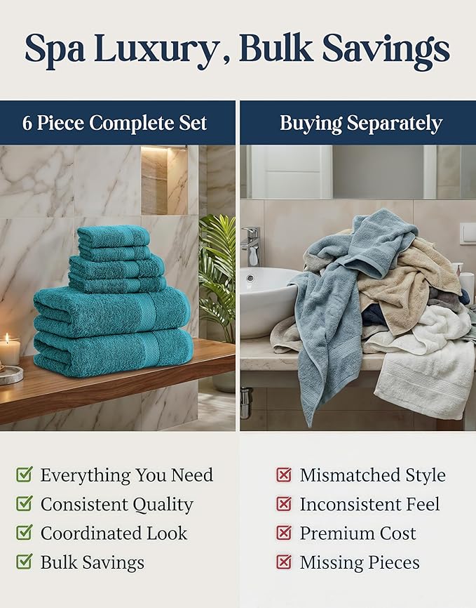 LANE LINEN Luxury Cotton Bath Towel Set of 6 - Soft, Absorbent & Quick Dry - 2 Bath, 2 Washcloths, 2 Hand Towels for Bathroom - OEKO TEX Certified - Smart & Durable Choice for Every Home - Sea Port