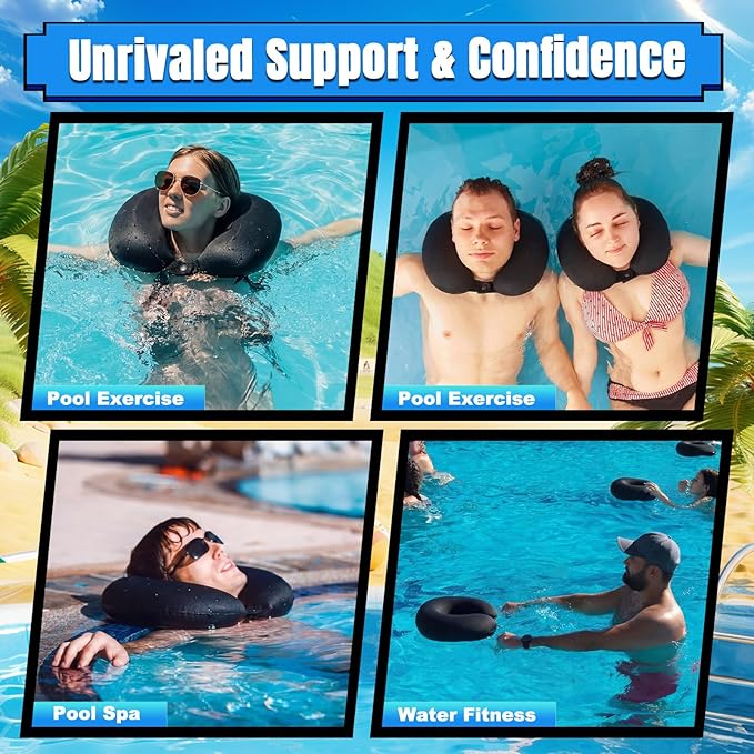 Sieral 2 Pack Neoprene Swim Collar Float, 14.2 x 10.2 x 3.5 Inch Non-Inflatable Head Neck Support Pillow Float Swimming Neck Pillow for Pool Water Training, Bath, Shower, Spa, Travel and Home, Black