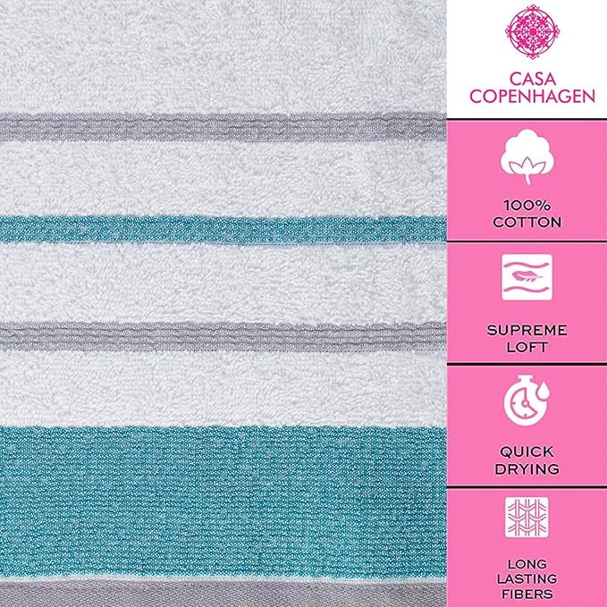 CASA COPENHAGEN White Bay 4Pcs 100% Egyptian Cotton Designer Hand Towels Gift Set- Grey - Teal 600 GSM, 28"x16", 4Hand Towels for Bathroom Set for Women & Men