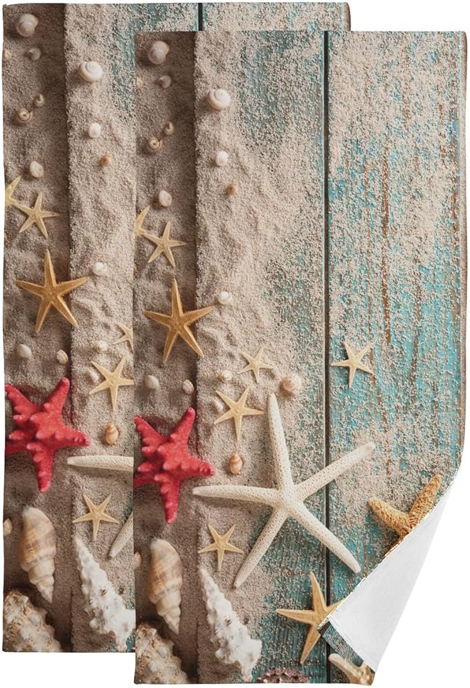 Nautical Seashell Starfish Hand Towels for Bathroom Set of 2,Decorative Summer Blue Wooden Beach Themed Bathroom Towels for Bath,Face,Hair,Soft Absorbent Dish Towels for Kitchen Decor 28"x14"