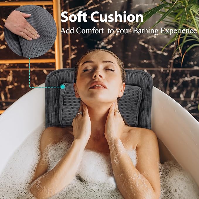 AEROiVi Full Body Bath Pillow with Adjustable Lumbar Roll Pillow Bathtub Cushion with 14 Suction Cups 3D Air Mesh Fit Any Tub Gray Bathroom Accessories