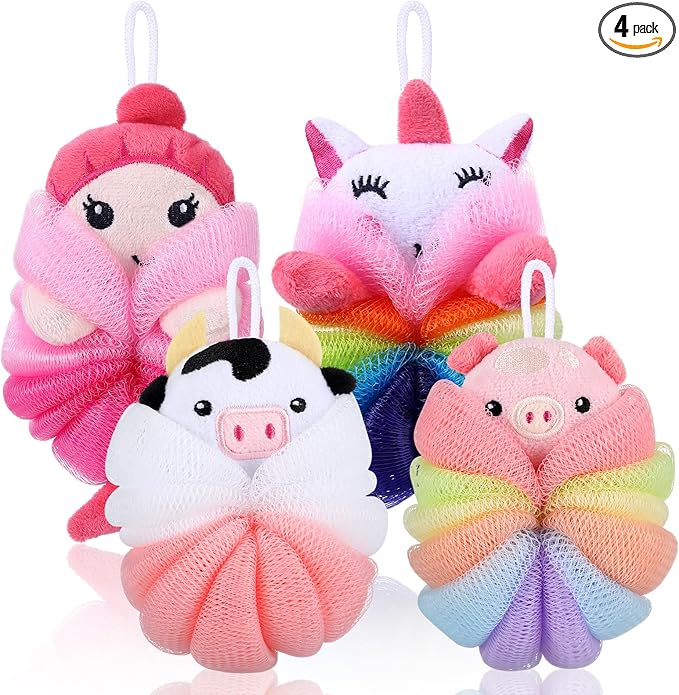 Tatuo 4 Pcs Animal Bath Loofahs Kids Body Loofah Cartoon Shower Cute Bath Sponge Pouf Body Scrubbers Mesh Sponge for Toddler Children Boys Girls Shower Baby Washing Exfoliating (Cute Girls)