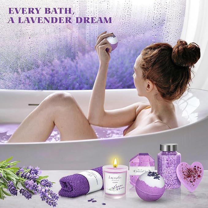 Qivatex Mothers Day Gifts for Mom Women, Teacher Appreciation Gifts, Bath Gift Set, Birthday Gifts for Wife Women Her Sister Mom Auntie Grandma Friends, Relaxing Spa Self Care Lavender Bath Bombs Set﻿