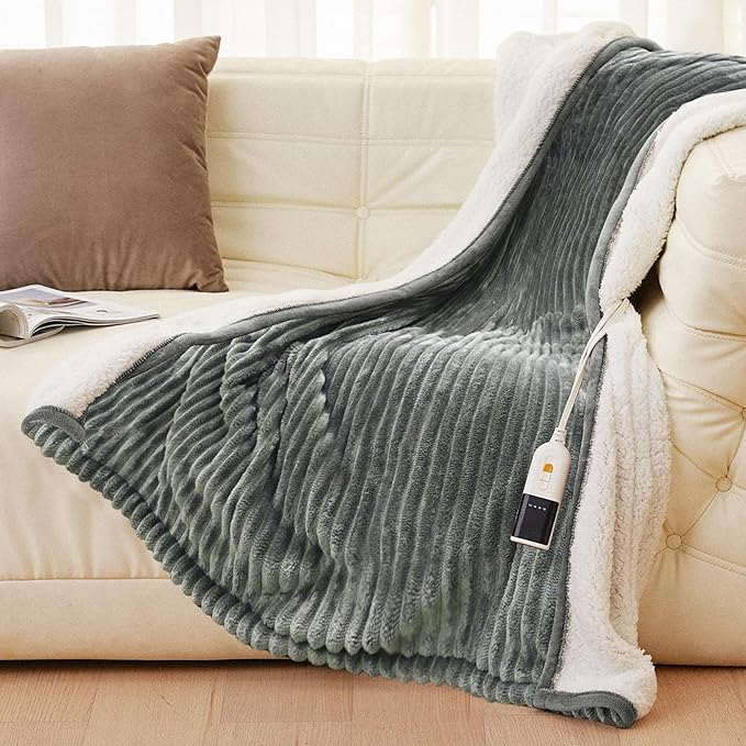 JET'S HOME Heated Blanket 50"x60" - ETL Certified Flannel Electric Blanket Throw Machine Washable Heating Throw with 9 Heating Levels 10 Hours Adjustable Auto-Off (Olive Grey)