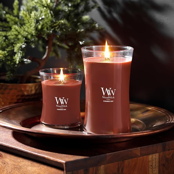 WoodWick Cinnamon Chai Holiday Candle Gifts for Women and Men,9.7 oz Medium Hourglass Candle with Crackling Wick,(Pack of 4)
