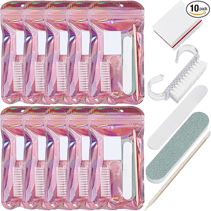 SUTOKAKA 10 Sets Disposable Manicure Prep Kit for Travel Home, Portable Basics 5 in 1 Nail Salon Pedicure Kit, Professional Nail Tools Supplies, Nail File, Mini Buffer, Wood Stick & Handle Grip Brush