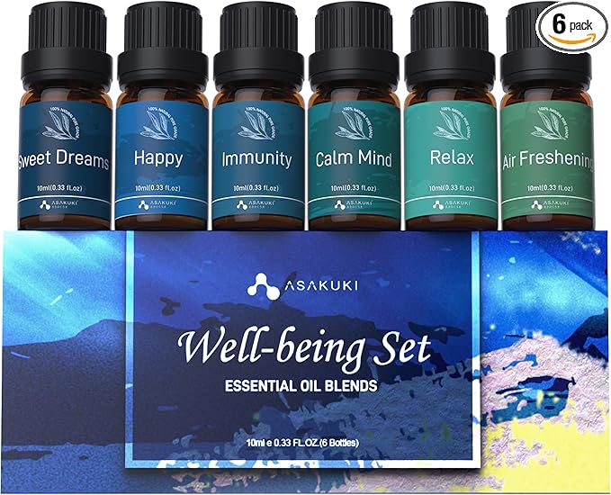 ASAKUKI Essential Oils, Essential Oil for Diffusers for Home, Well-Being Kit Gifts for Mom- Calm Mind, Sweet Dreams, Happy, Relax, Air Freshening, Immunity for Aromatherapy, Humidifiers, 6x10ml