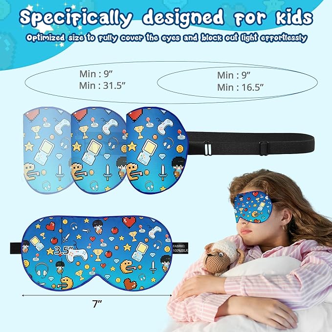 Kids Sleep Mask Eye Cover: 100% Real Natural Pure Silk Eye Mask with Adjustable Strap, Funny Blindfold Kids Eye Mask for Sleeping, Soft & Lightweight Eye Shade for Boys Girls Teens (Games Style)