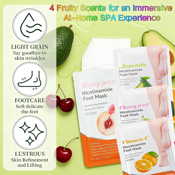 8 Piece At-Home Hand & Foot SPA Hydrating Mask Set (4 Hand + 4 Foot) - Avocado/Vitamin C/Peach/Cherry | Long-Lasting Moisture | Targets Dry Rough Skin | Self-Care Skincare
