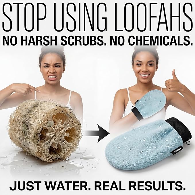 Exfoliating Glove for Shower – Dual-Sided Scrubber Mitt – Deep Exfoliation Washcloth Mittens – Dead Skin & Tan Remover for Body – Body & Face Exfoliator Loofah Wash Cloths for Showering (2-Pack)