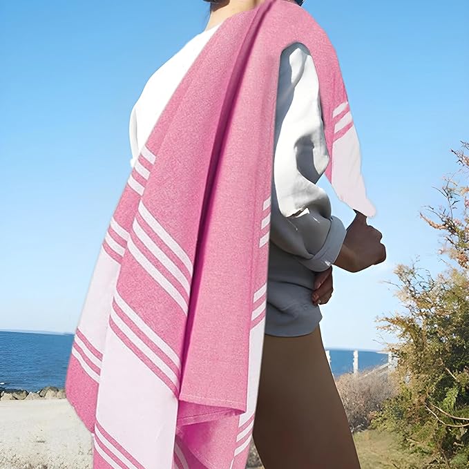 Goroly Home Cotton Turkish Peshtemal Beach Towel, Extra Large, Thin Quick Dry Sand Free Pool & Swim Towel, Bathing Blanket, Travel Essentials, (Pink, 36x71 Inches)