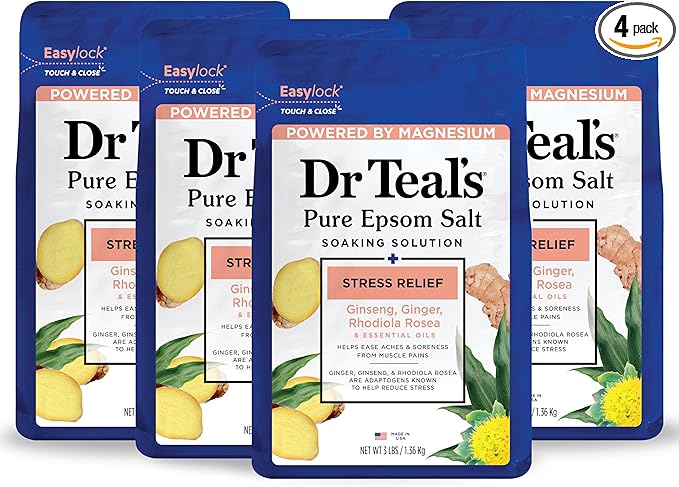 Dr Teal's Pure Epsom Salt Stress Relief with Ginseng & Ginger Essential Oils, 3 lbs (Pack of 4)