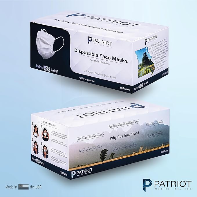 Patriot Medical Devices Disposable Face Mask | Made in the USA Soft, Hypoallergenic, Hydrophobic Material | 50 Count