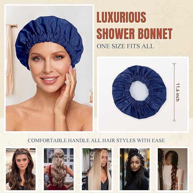 Reusable Shower Cap for Women, Large Waterproof Shower Bonnet with Elastic Band, Washable Bath Hair Cap for Long, Curly Hair, Braids, Daily Shower, Home Spa, Travel(Navy)