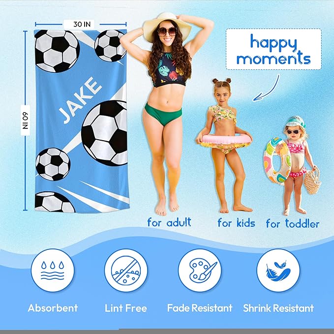 Personalized Beach Towel With Name, Custom Beach Towel with Text, Customized Football Microfiber Pool Towel, Quick Dry & Absorbent Swim Towel for Adult,Anniversary, Birthday, Summer Holiday,vacation
