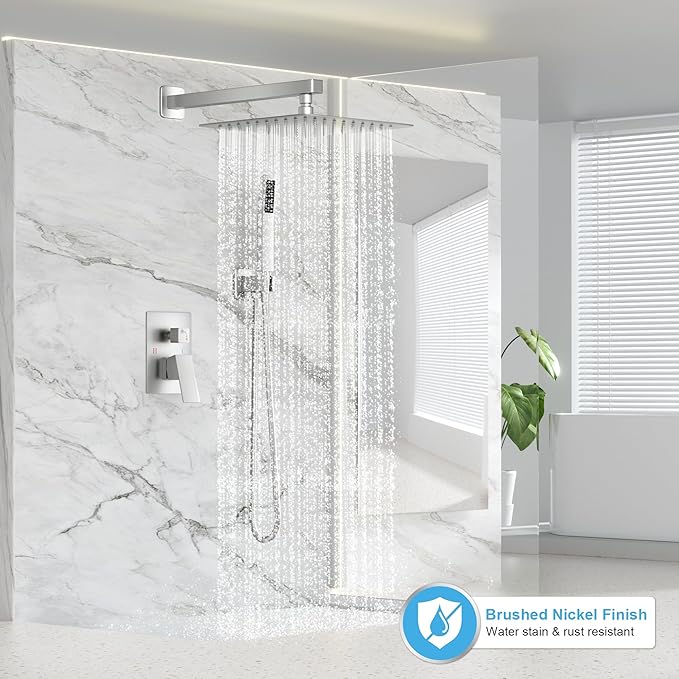 FPXRNG Shower Faucet Set Bathroom Square Rain Shower Head and Handle Set, Wall Mounted Shower Fixtures, Full Metal Trim Repair Kit 10 inch Brushed Nickel (With Shower Valve)