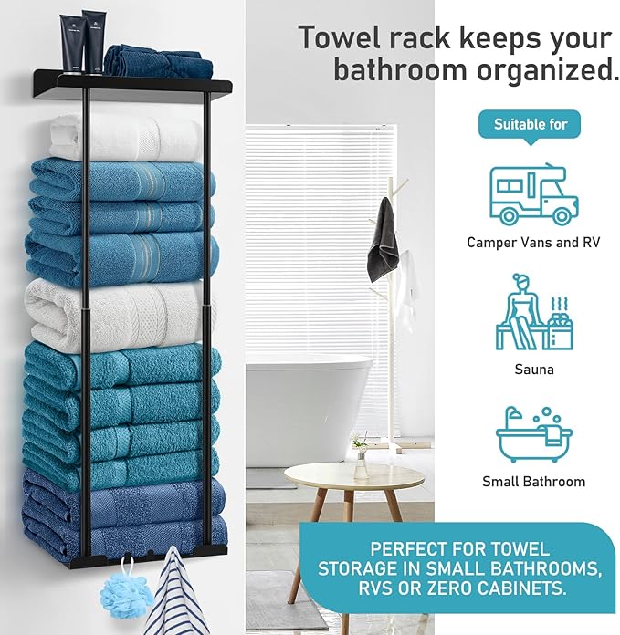 Hommtina Bathroom Towel Storage Black Towel Holder Bathroom Decor Aesthetic Towel Racks for Bathroom Bath Towel Storage for Rolled Towels Organizer