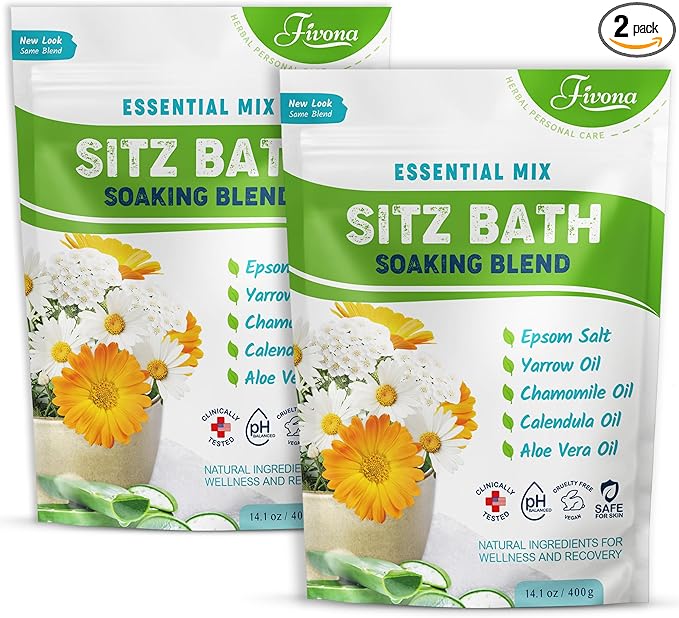 Fivona All Natural Sitz Bath Soaking Blend - Epsom Salt with Pure Essentials Oils - for Hemorrhoid, Fissure, Postpartum Care, Bartholin Cyst Treatment - Essential Mix - 2 Pack (14.1 oz Each)