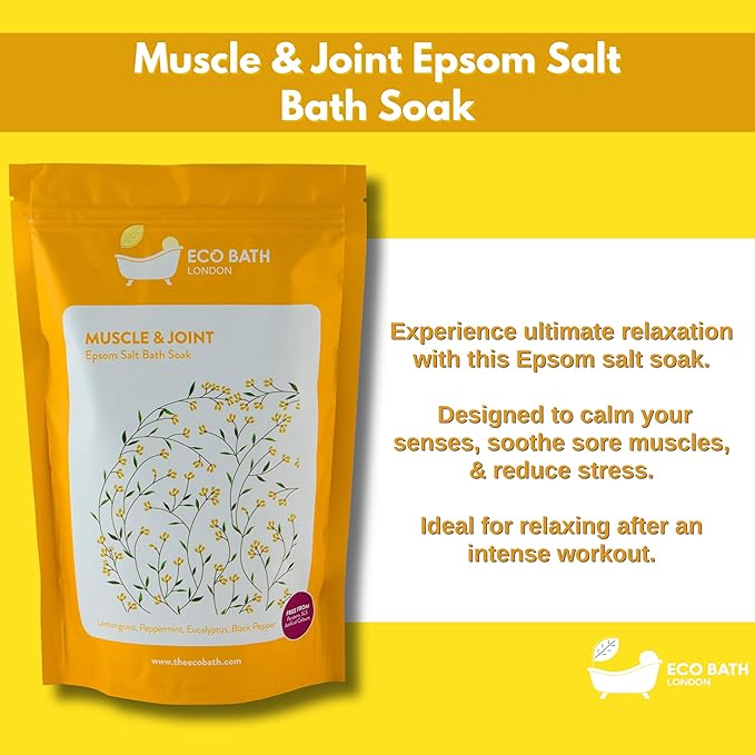 Eco Bath London Muscle & Joint Epsom Salt Bath Soak – Pouch 2.2 LB (1kg) | Made in UK | Magnesium Bath Salts with Lemongrass, Peppermint, Eucalyptus and Black Pepper Oils | Bath Salt for Recovery