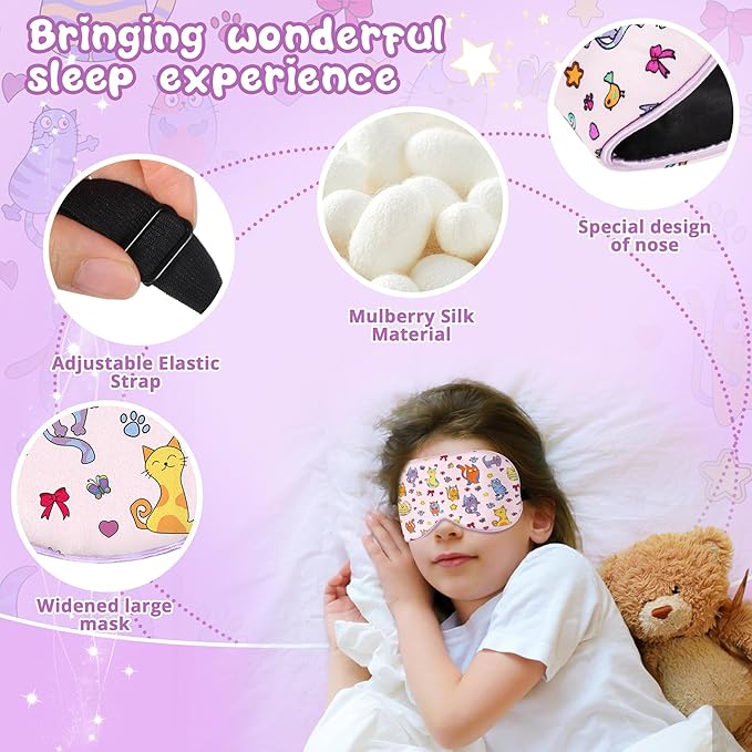 Kids Sleep Mask Eye Cover: 100% Real Natural Pure Silk Eye Mask with Adjustable Strap, Funny Blindfold Kids Eye Mask for Sleeping, Soft & Lightweight Eye Shade for Boys Girls Teens (Cats Style)