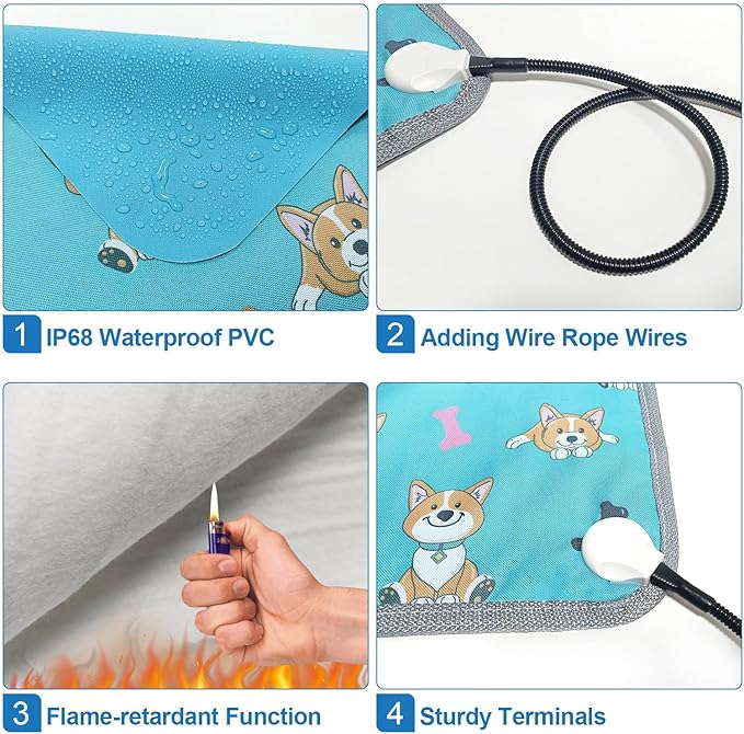 GOLOPET Large Dog Heating Pad 34x21in with Smart Thermostat Switch and Power Line Protection Tube,Obtained MET and UL Dual Certification,Waterproof Pet Pad, Suitable for Dogs of All Ages-Blue