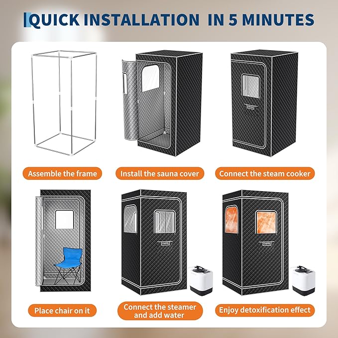 Garvee Sauna Box,Portable Sauna for Home with 4L 1500W Steamer,Explosion Zroof Zip,99 Mins Timer,Sauna Tent with 600D Encrypted Fibre, Easy Setup Quick Heat-Up Foldable Sauna for Home Spa（Grey）