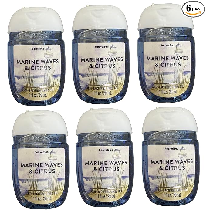 Bath and Body Works Classic and Seasonal Scents Pocketbac Gel Sanitizers - Pack of 6-1 oz each (Marine Waves and Citrus)