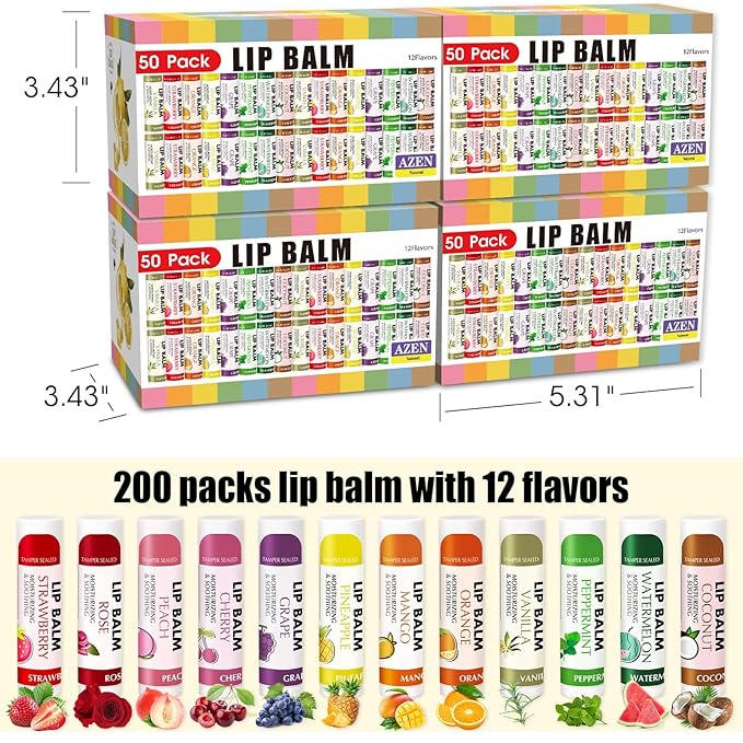 AZEN 200 Pack Lip Balm Bulk, Moisturizing Lip Balms for dry cracked lips, Mothers Day Gifts Easter Basket Stuffers - 12 Flavors
