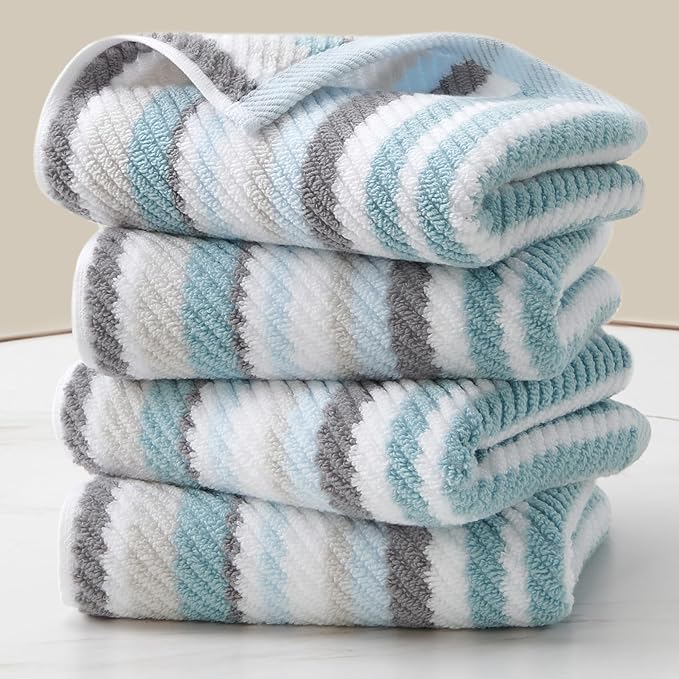 Quick Dry & Highly Absorbent 100% Cotton Aqua Striped Hand Towels (Set of 4, 16x27 Inches) - Soft Lightweight Luxury Towels for Bathroom, Shower, Guest Room | Blue & Gray Stripe Gift Set