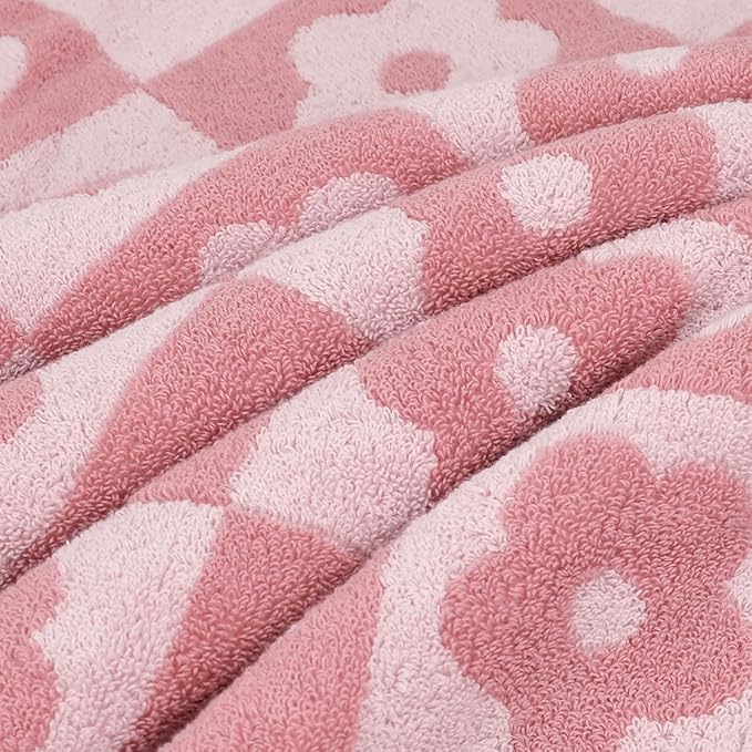 Jacquotha 2-Pieces Luxury Bath Towels Checkered Floral, Pink Towels for Women Girls Shower Body 27.5x55 Inches, Bathroom Decor & Pool Days, Cotton